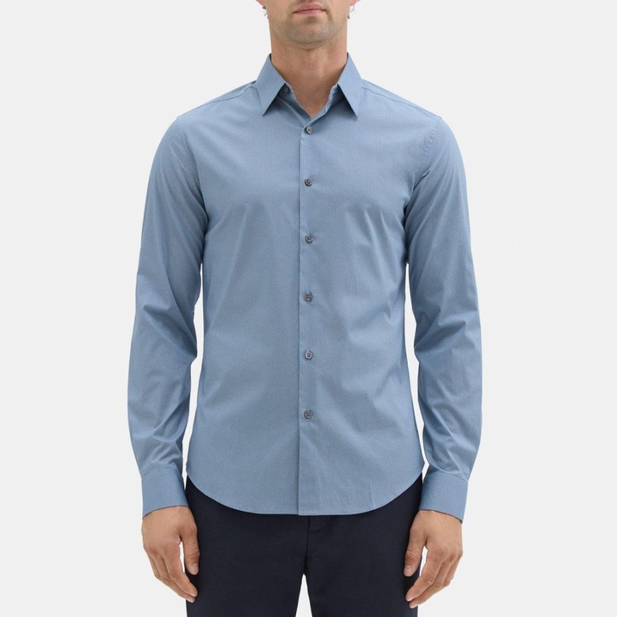 Men Theory Outlet | Tailored Shirt In Dotted Cotton Dusty Blue/Eclipse