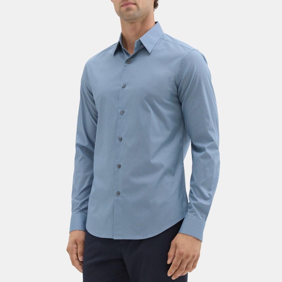 Men Theory Outlet | Tailored Shirt In Dotted Cotton Dusty Blue/Eclipse