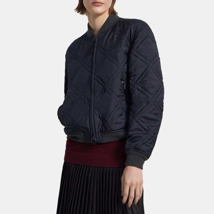 Women Theory Outlet | Crinkle Twill Bomber Jacket Navy