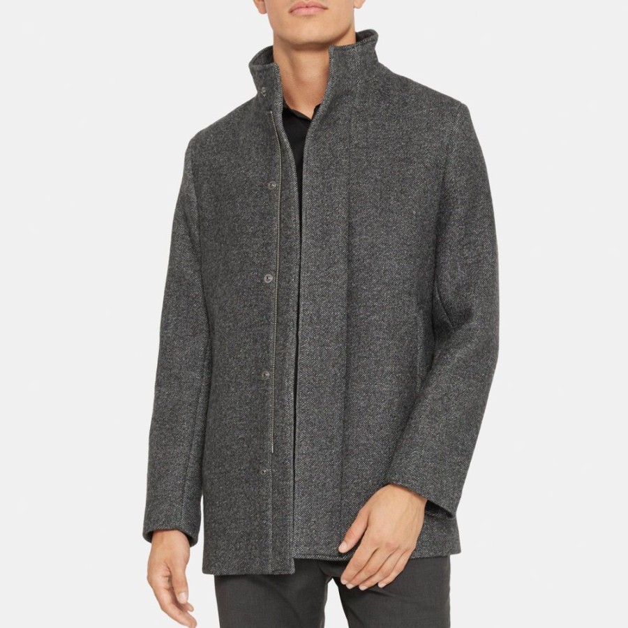 Men Theory Outlet | Stand Collar Coat In Recycled Wool-Blend Twill Black Multi