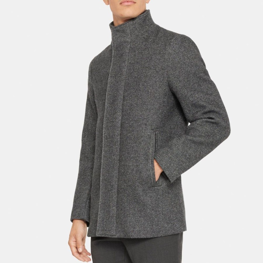 Men Theory Outlet | Stand Collar Coat In Recycled Wool-Blend Twill Black Multi