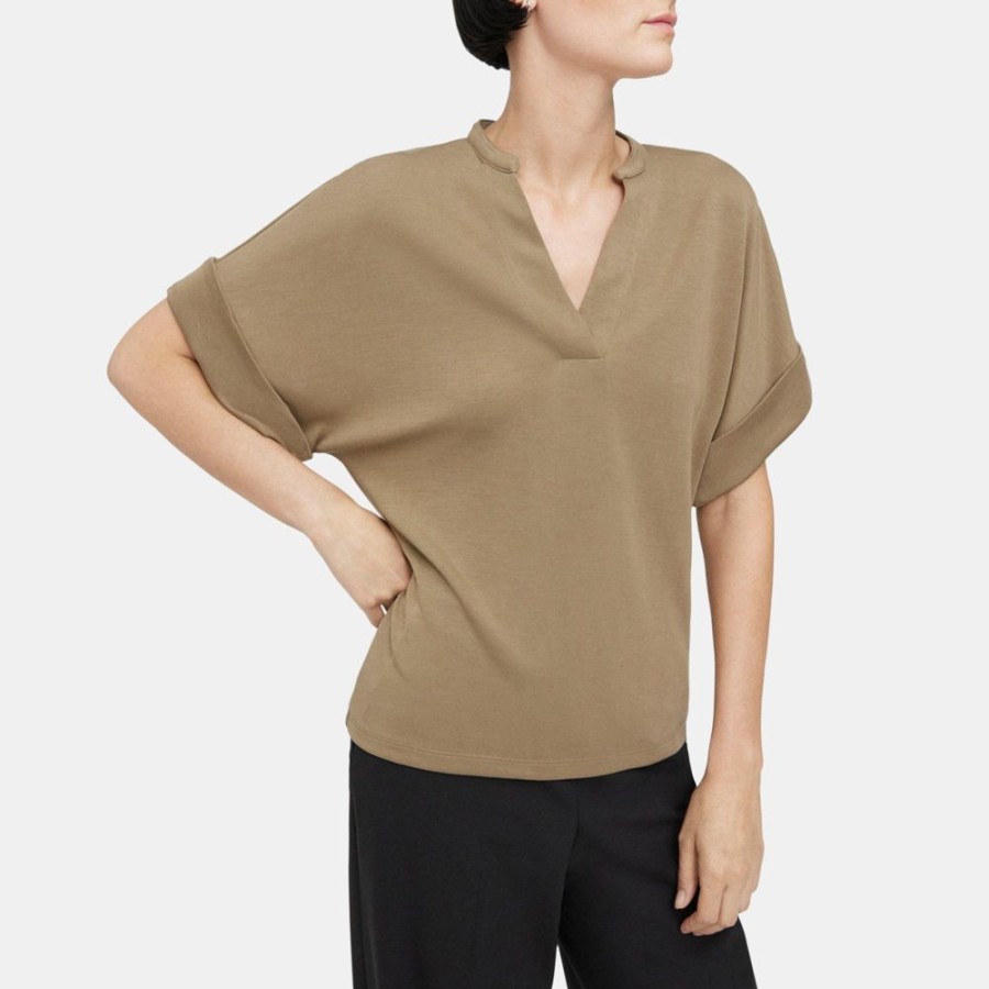 Women Theory Outlet | Dolman Sleeve Henley In Lyocell Jersey Dark Beige