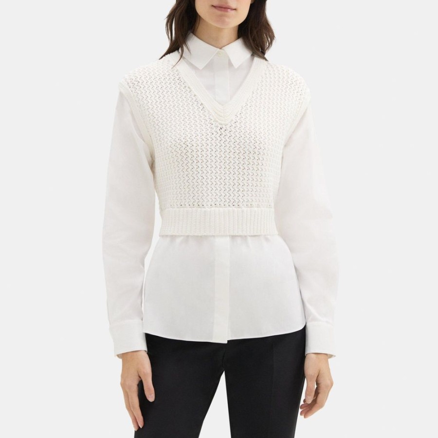 Women Theory Outlet | Layered Sweater Vest Shirt In Cotton-Blend White/White