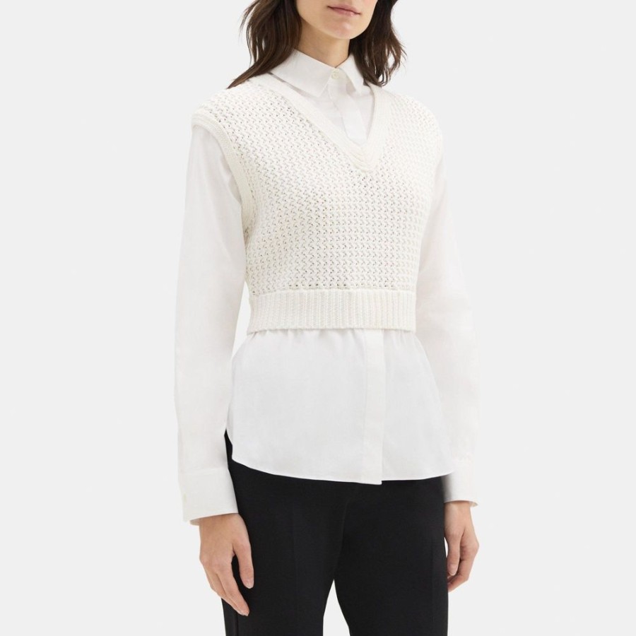 Women Theory Outlet | Layered Sweater Vest Shirt In Cotton-Blend White/White