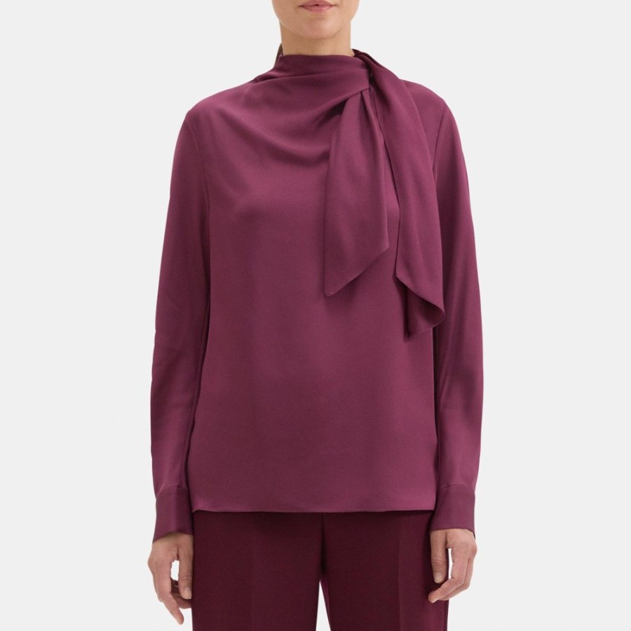 Women Theory Outlet | Twisted Scarf Blouse In Silk Georgette Bordeaux