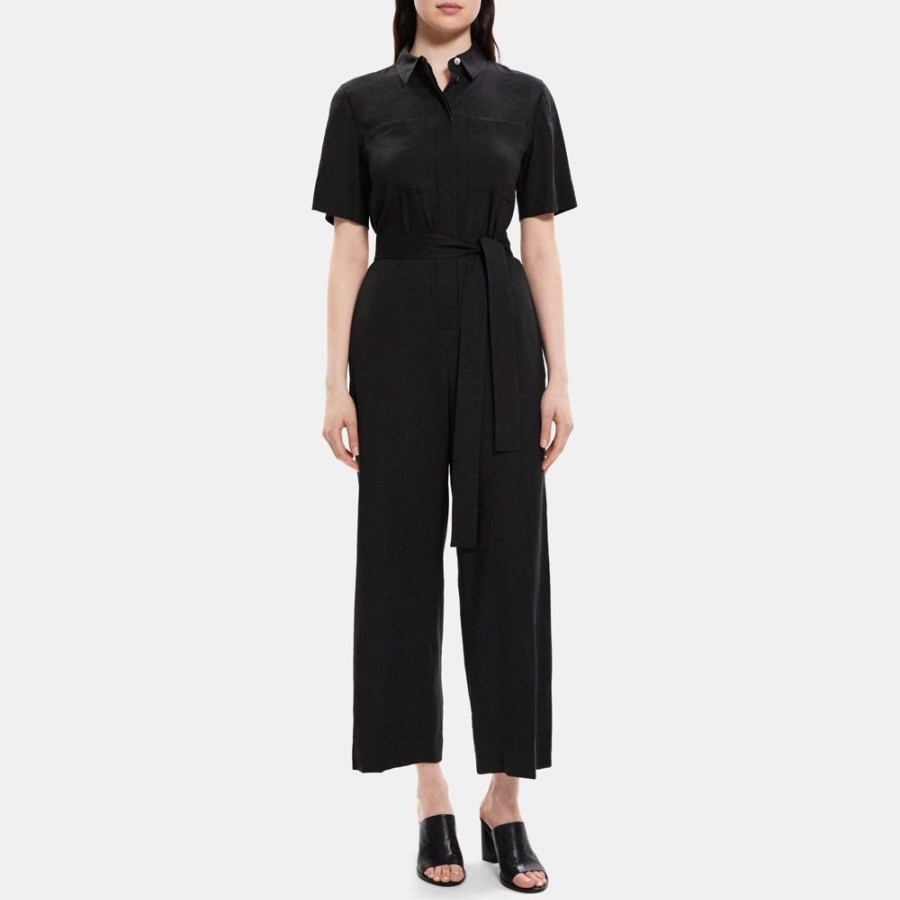 Women Theory Outlet | Utility Jumpsuit In Linen-Blend Black