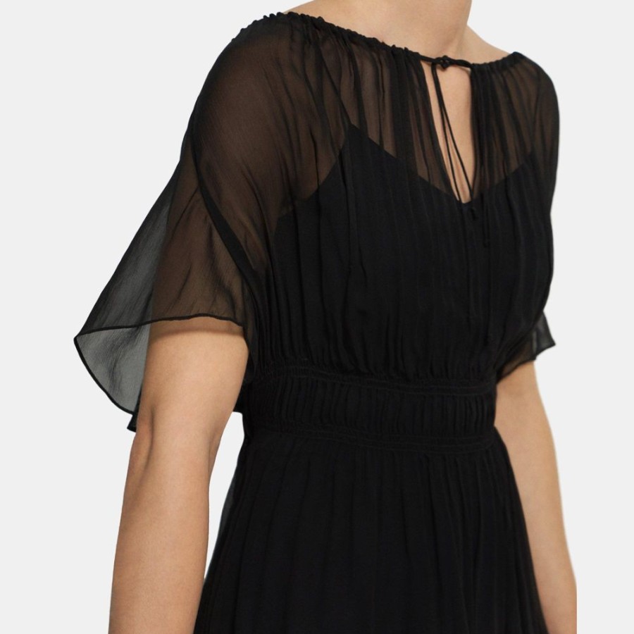 Women Theory Outlet | Tie Neck Mini Dress In Crinkled Silk Chiffon Black