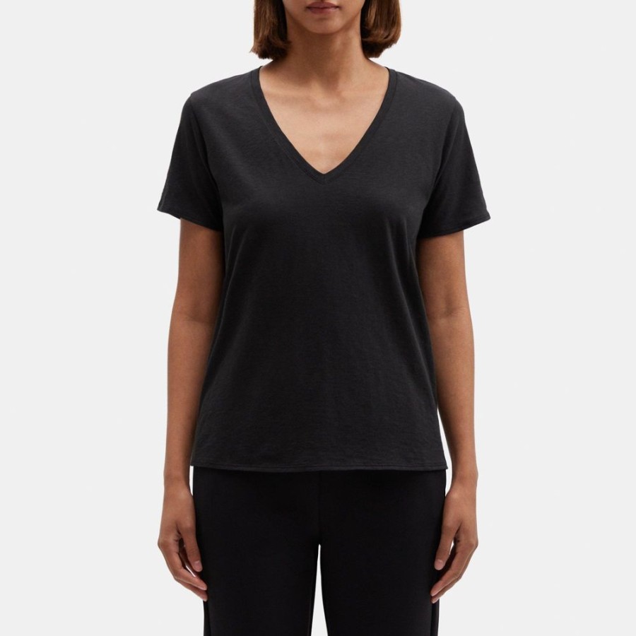 Women Theory Outlet | V-Neck Tee In Slub Cotton Black