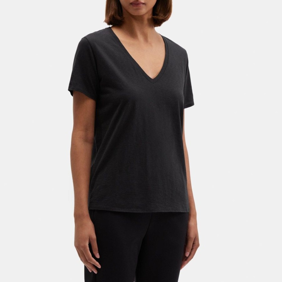 Women Theory Outlet | V-Neck Tee In Slub Cotton Black