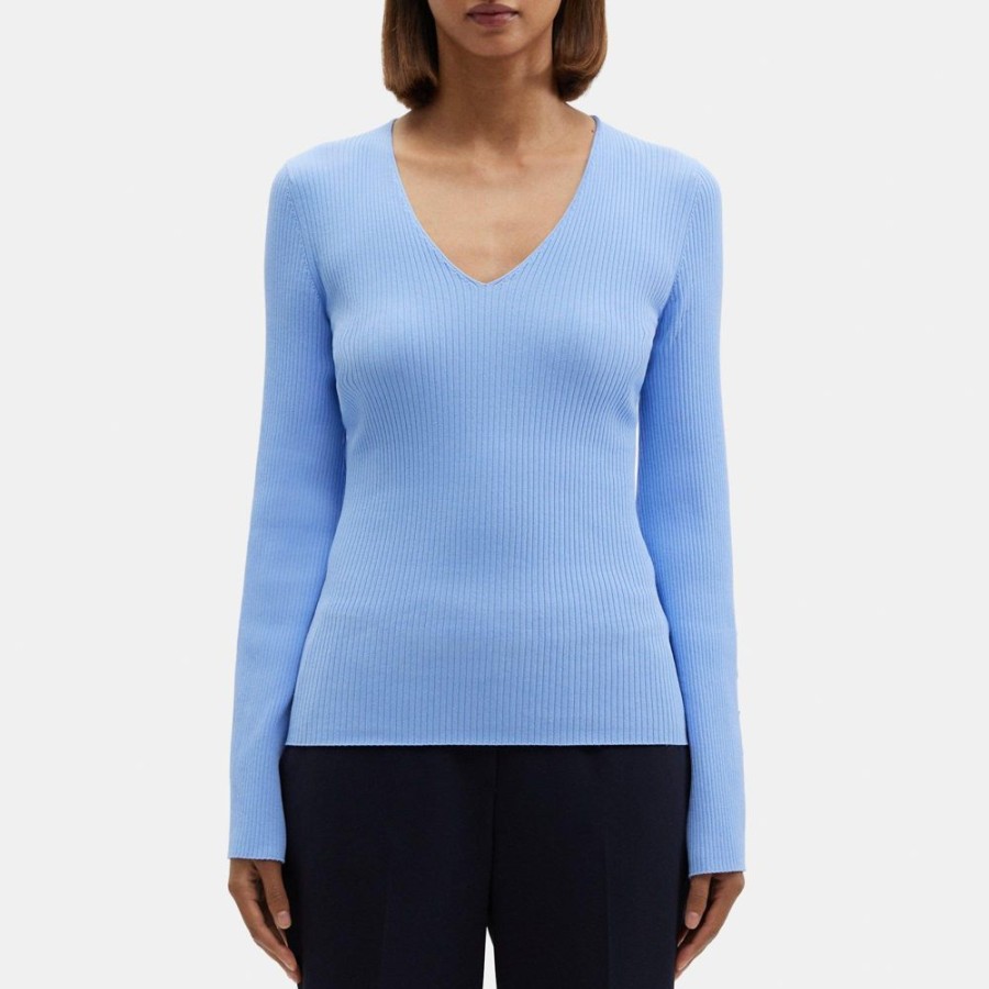 Women Theory Outlet | Flared Sleeve Sweater In Crepe Knit Cornflower