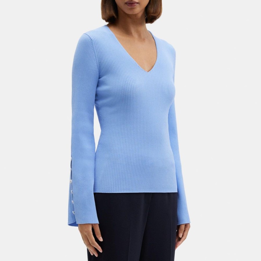 Women Theory Outlet | Flared Sleeve Sweater In Crepe Knit Cornflower