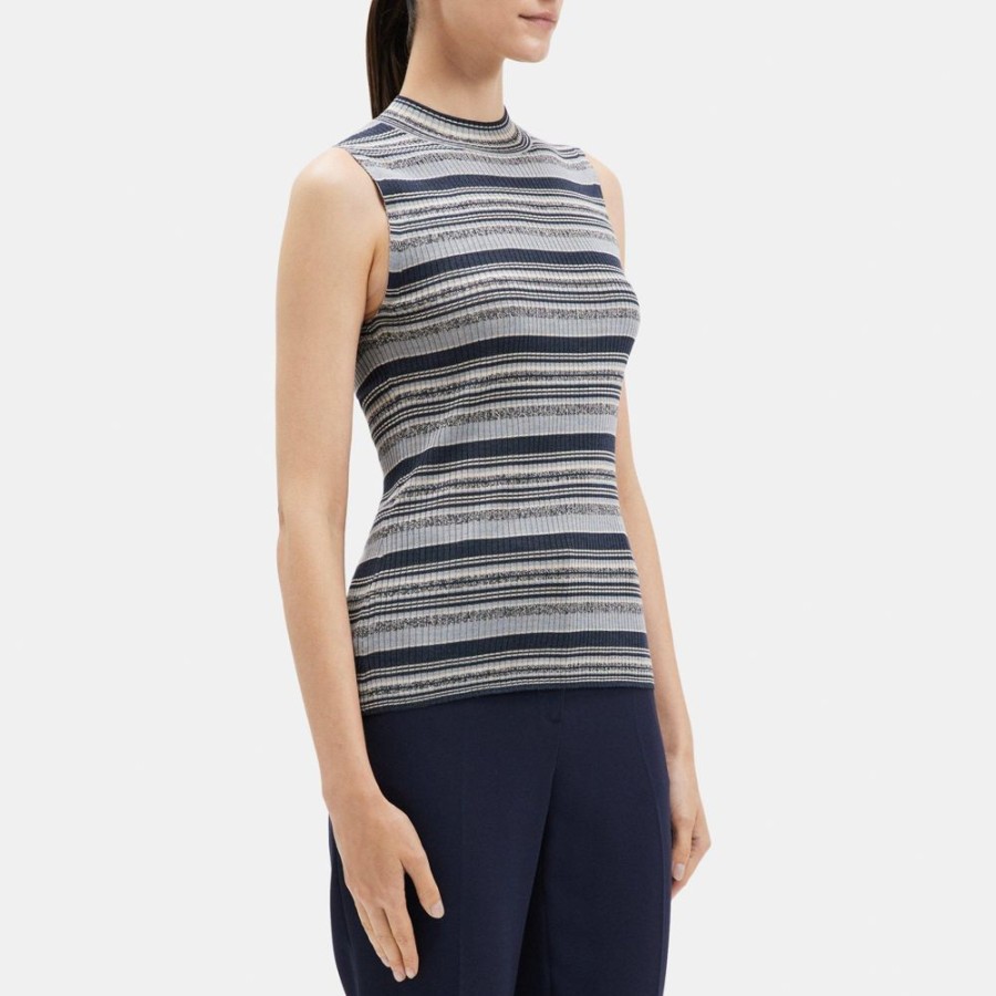 Women Theory Outlet | Mock Neck Tank In Washable Silk Denim Mel Multi