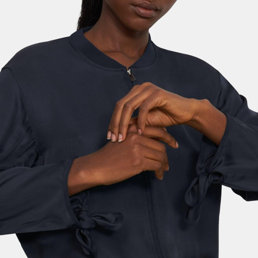 Women Theory Outlet | Tied-Sleeve Bomber Jacket In Viscose Twill Navy