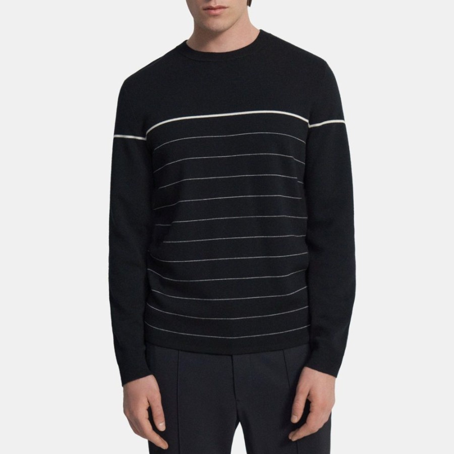 Men Theory Outlet | Crewneck Sweater In Merino Wool Black Base/White Stripe