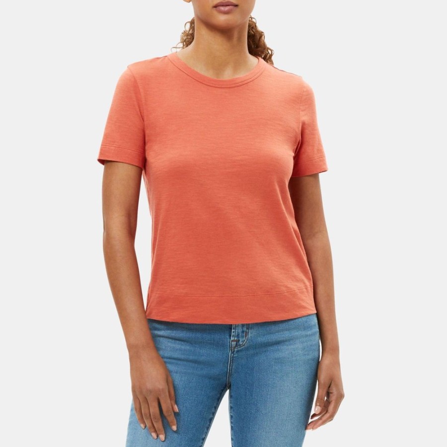 Women Theory Outlet | Short-Sleeve Tee In Slub Cotton Dark Coral