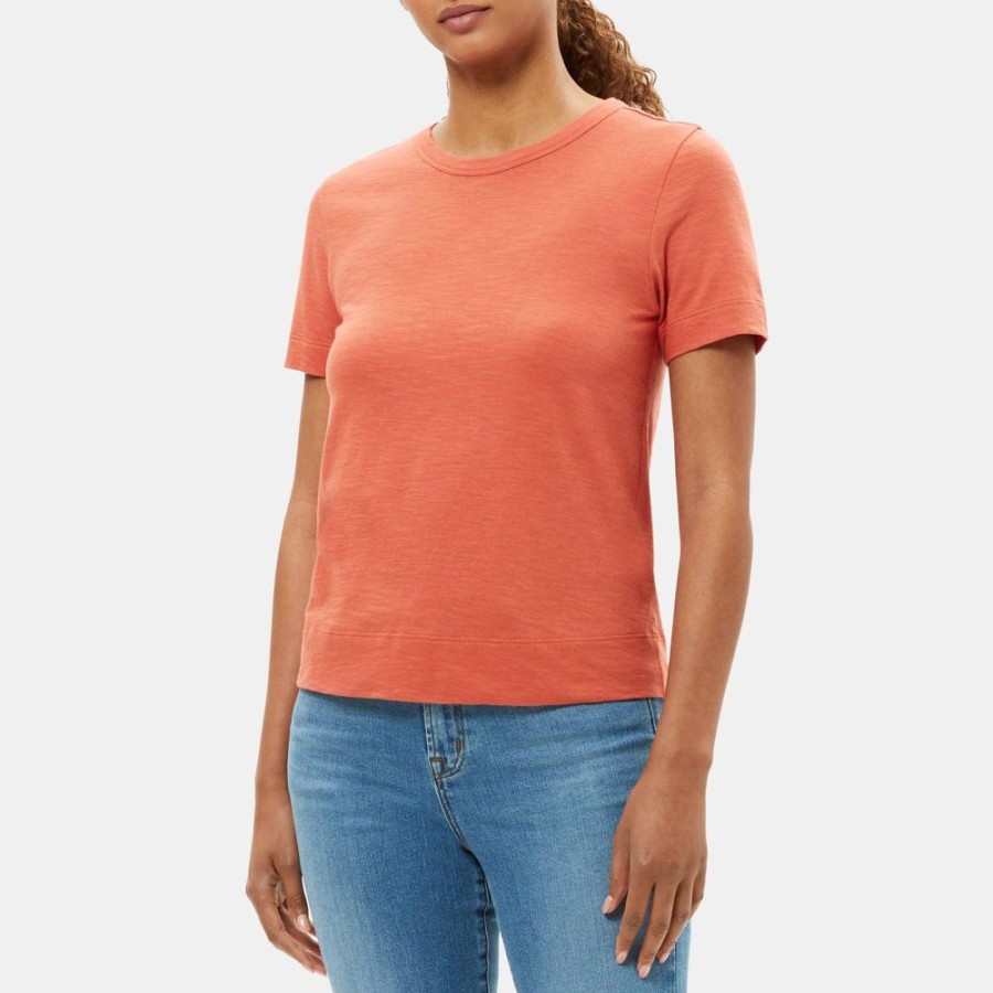 Women Theory Outlet | Short-Sleeve Tee In Slub Cotton Dark Coral