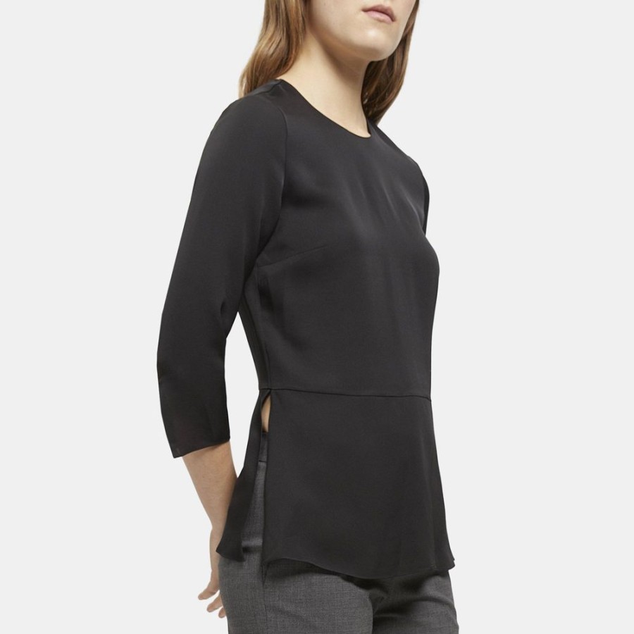 Women Theory Outlet | Long-Sleeve Peplum Top In Silk Georgette Black