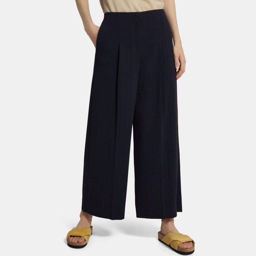 Women Theory Outlet | Pleated Wide-Leg Pant In Striped Admiral Crepe Deep Navy