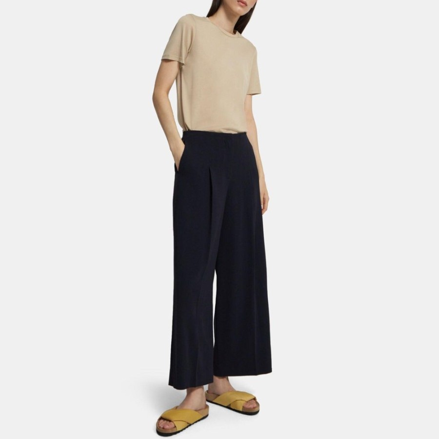 Women Theory Outlet | Pleated Wide-Leg Pant In Striped Admiral Crepe Deep Navy