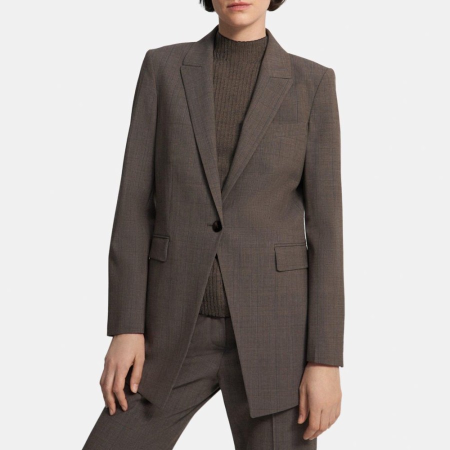 Women Theory Outlet | Single-Breasted Blazer In Plaid Stretch Wool Multi