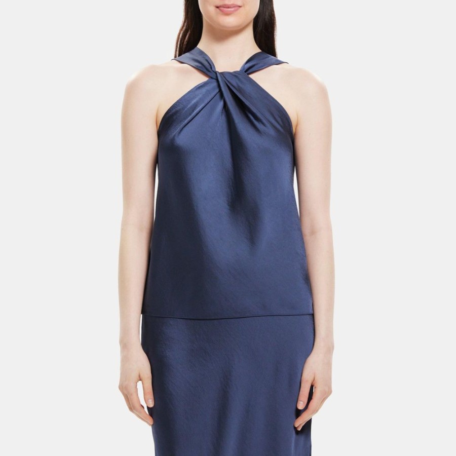 Women Theory Outlet | Sleeveless Twist Top In Silky Poly Navy