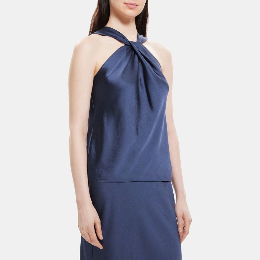 Women Theory Outlet | Sleeveless Twist Top In Silky Poly Navy