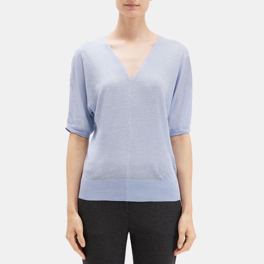 Women Theory Outlet | V-Neck Short-Sleeve Sweater In Knit Linen Powder Blue