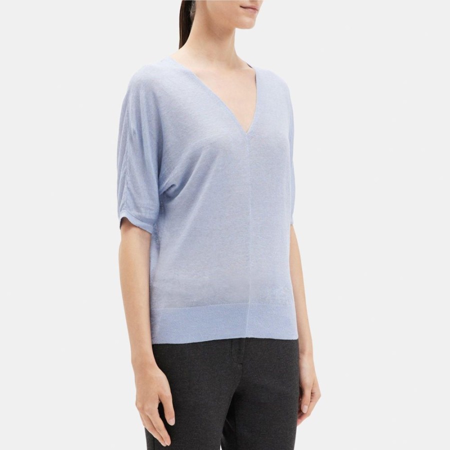 Women Theory Outlet | V-Neck Short-Sleeve Sweater In Knit Linen Powder Blue