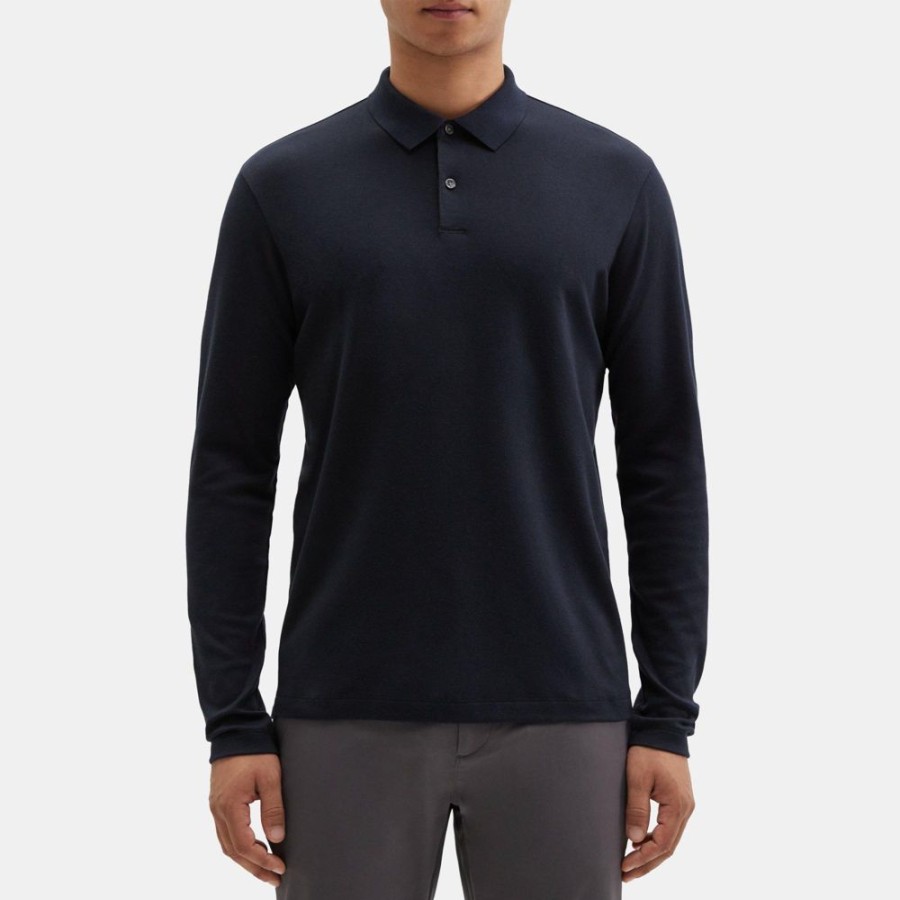 Men Theory Outlet | Long-Sleeve Polo Shirt In Pima Cotton Black/Eclipse