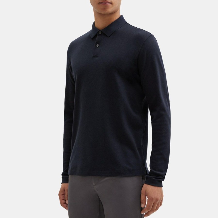 Men Theory Outlet | Long-Sleeve Polo Shirt In Pima Cotton Black/Eclipse