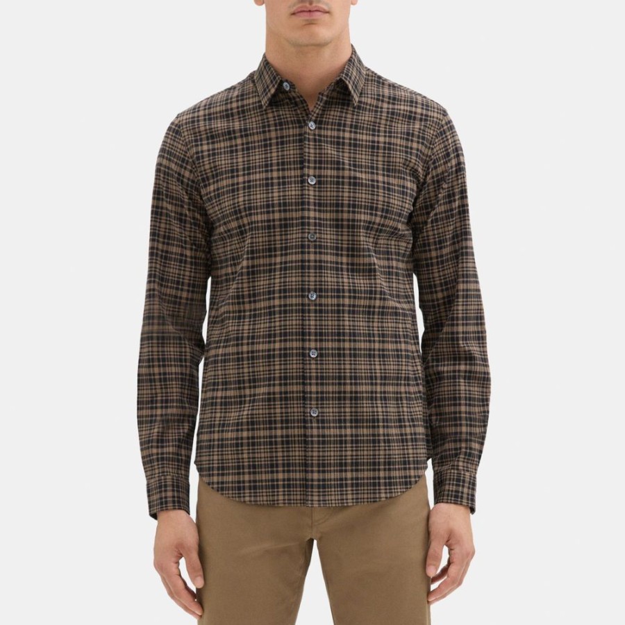 Men Theory Outlet | Long-Sleeve Shirt In Plaid Seersucker Fawn/Black