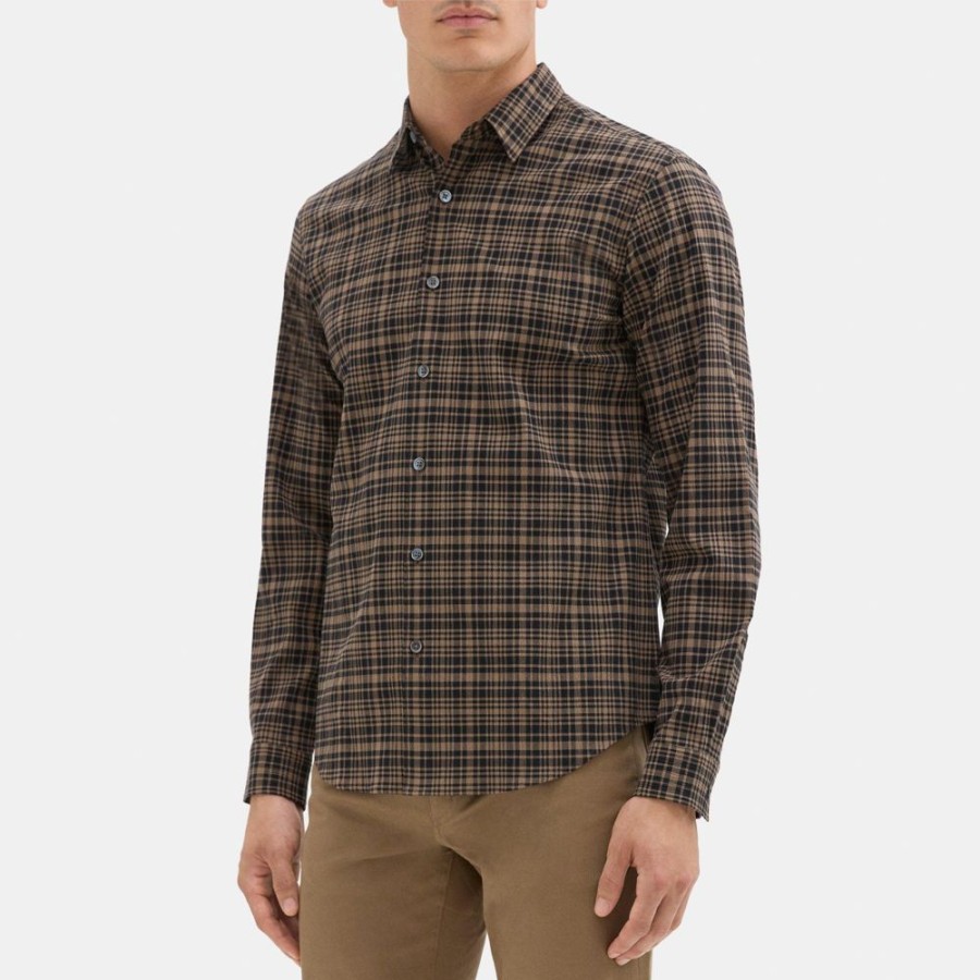 Men Theory Outlet | Long-Sleeve Shirt In Plaid Seersucker Fawn/Black