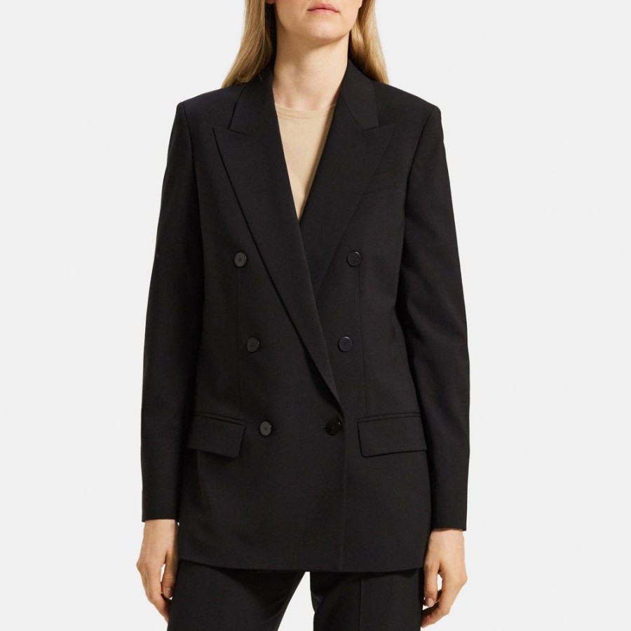 Women Theory Outlet | Double-Breasted Blazer In Sevona Stretch Wool Black