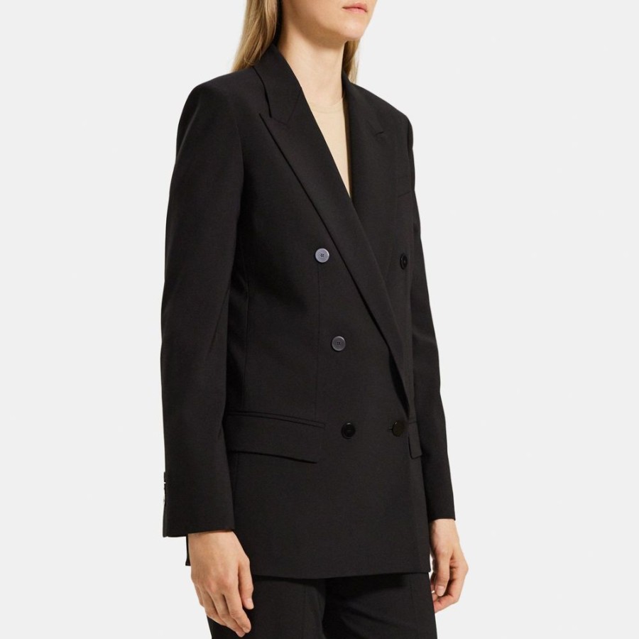 Women Theory Outlet | Double-Breasted Blazer In Sevona Stretch Wool Black