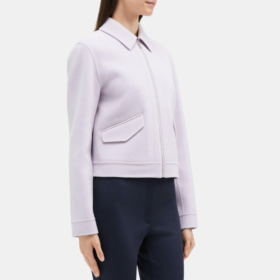 Women Theory Outlet | Short Zip Jacket In Double-Face Wool-Cashmere Light Orchid Melange