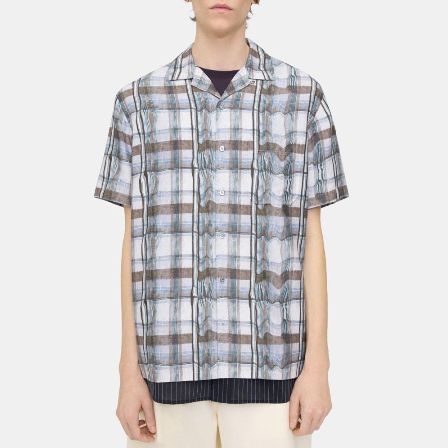 Men Theory Outlet | Camp Shirt In Feather Check French Blue Multi