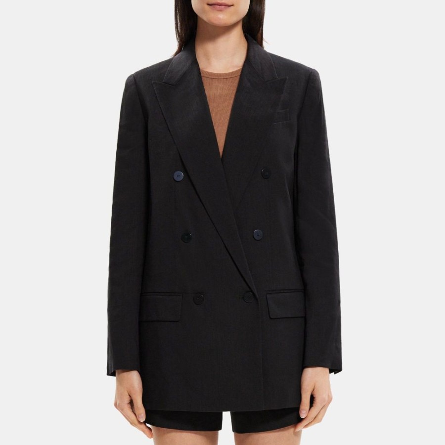 Women Theory Outlet | Double-Breasted Blazer In Linen-Blend Black