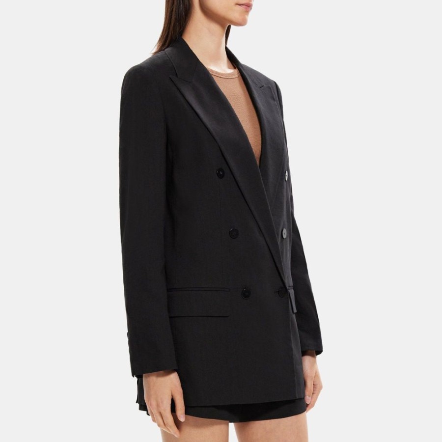 Women Theory Outlet | Double-Breasted Blazer In Linen-Blend Black