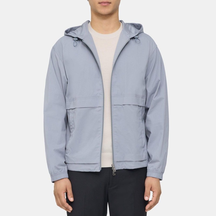 Men Theory Outlet | Hooded Jacket In Pique Nylon Sea Rock