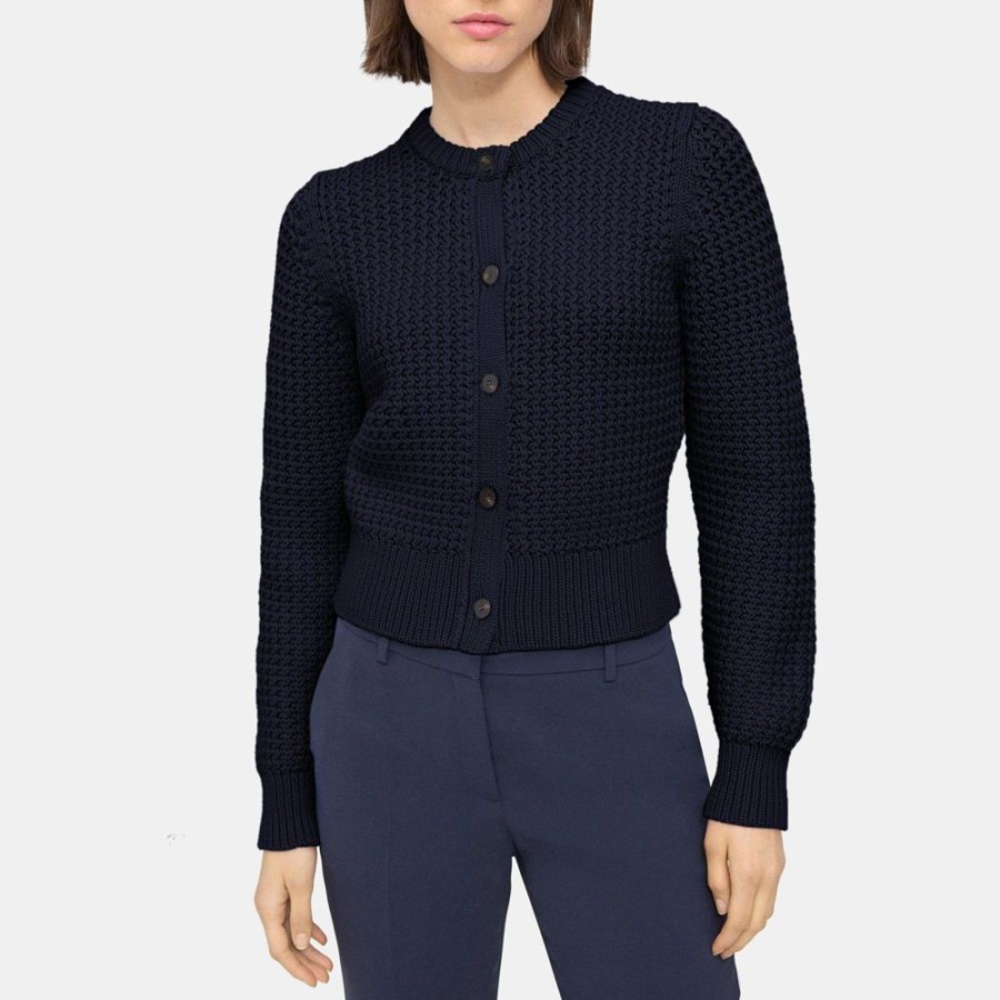 Women Theory Outlet | Crewneck Cardigan In Cotton-Blend Navy