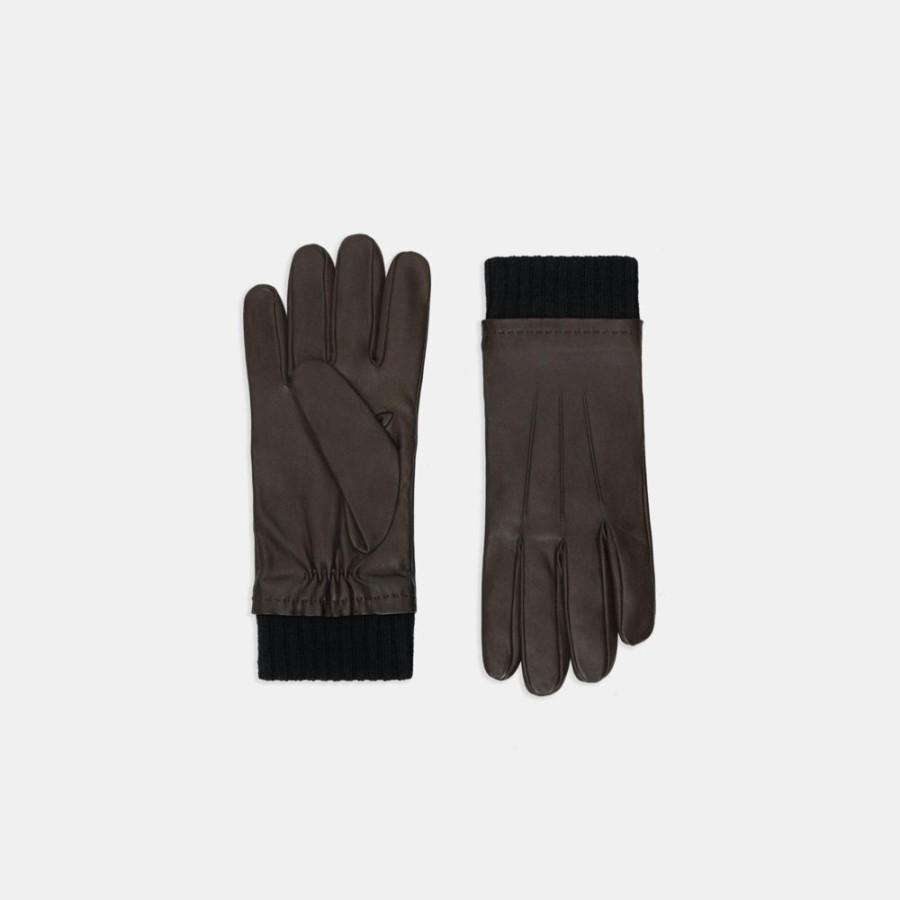 Men Theory Outlet | Ribbed Cuff Gloves In Leather Dark Brown