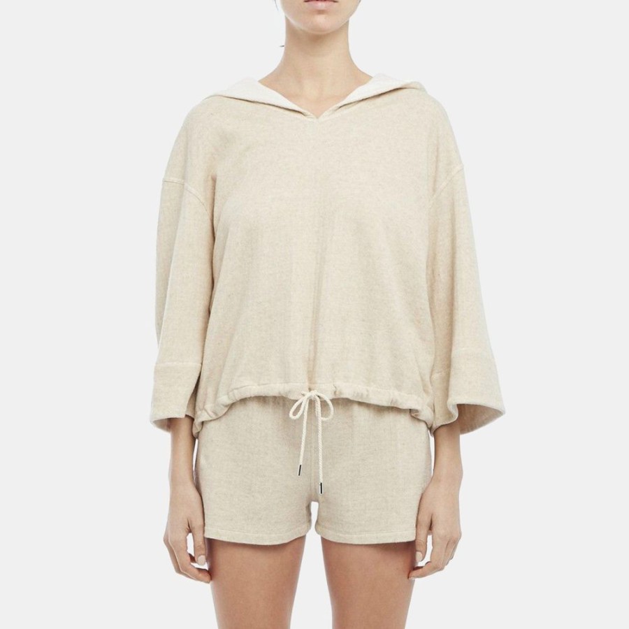 Women Theory Outlet | Hooded Short-Sleeve Tee In Cotton-Linen Knit Oatmeal