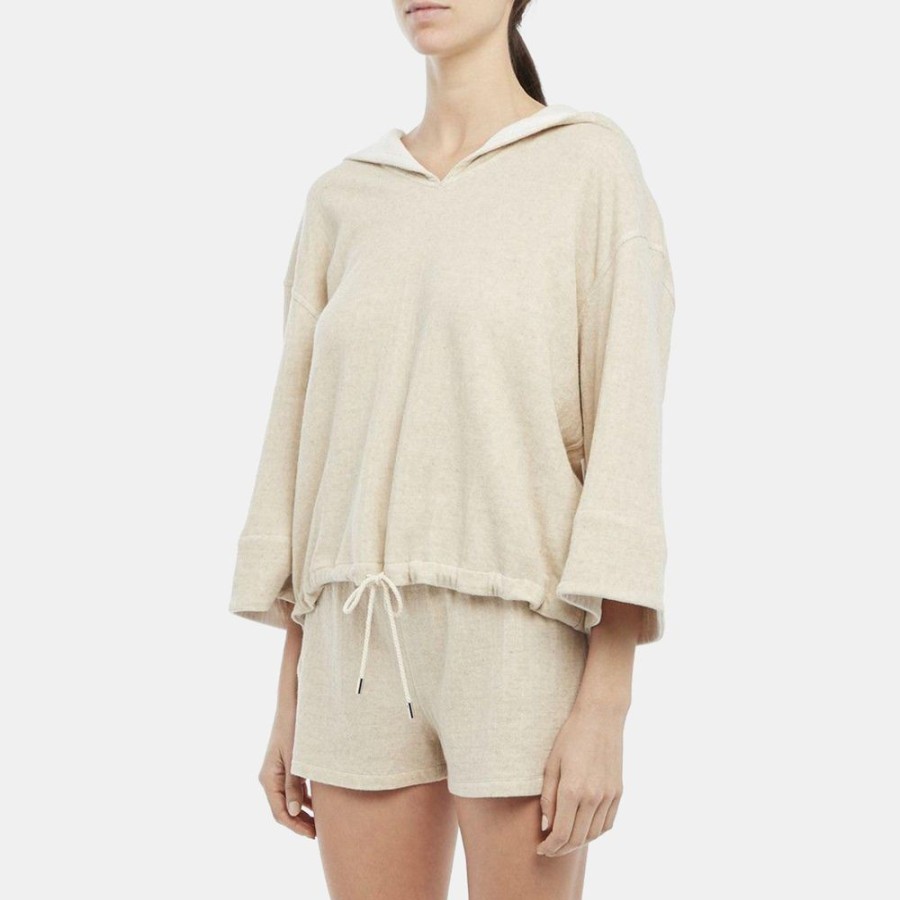 Women Theory Outlet | Hooded Short-Sleeve Tee In Cotton-Linen Knit Oatmeal