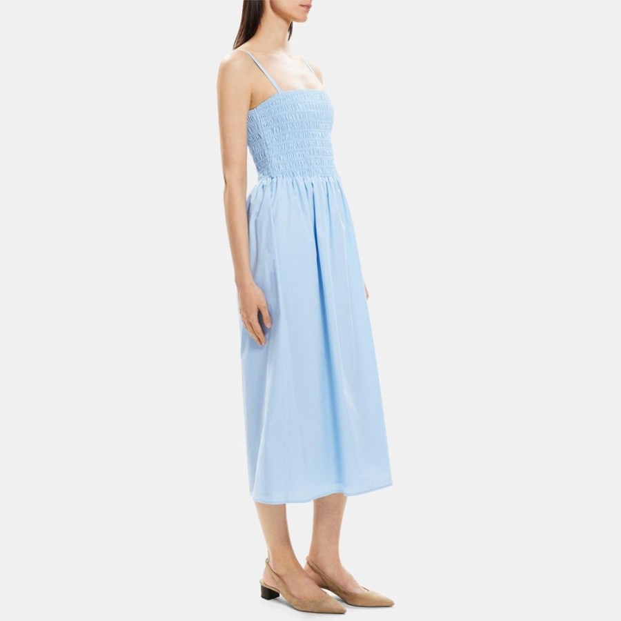 Women Theory Outlet | Smocked Midi Dress In Cotton Poplin Bay Blue