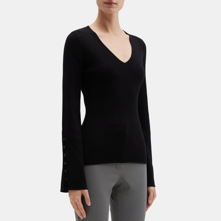 Women Theory Outlet | Flared Sleeve Sweater In Fine Merino Wool Black