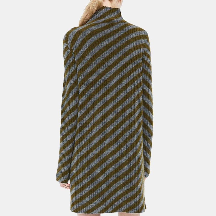 Women Theory Outlet | Turtleneck Dress In Striped Wool Blend Medium Heather Grey/Dark Army