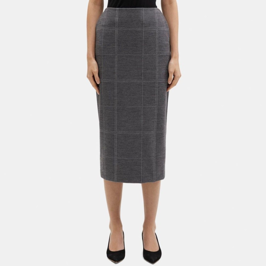 Women Theory Outlet | High-Waist Pencil Skirt In Checked Knit Grey Multi