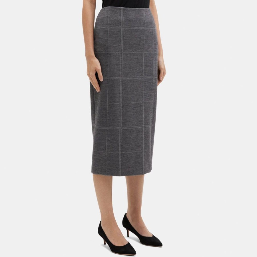 Women Theory Outlet | High-Waist Pencil Skirt In Checked Knit Grey Multi