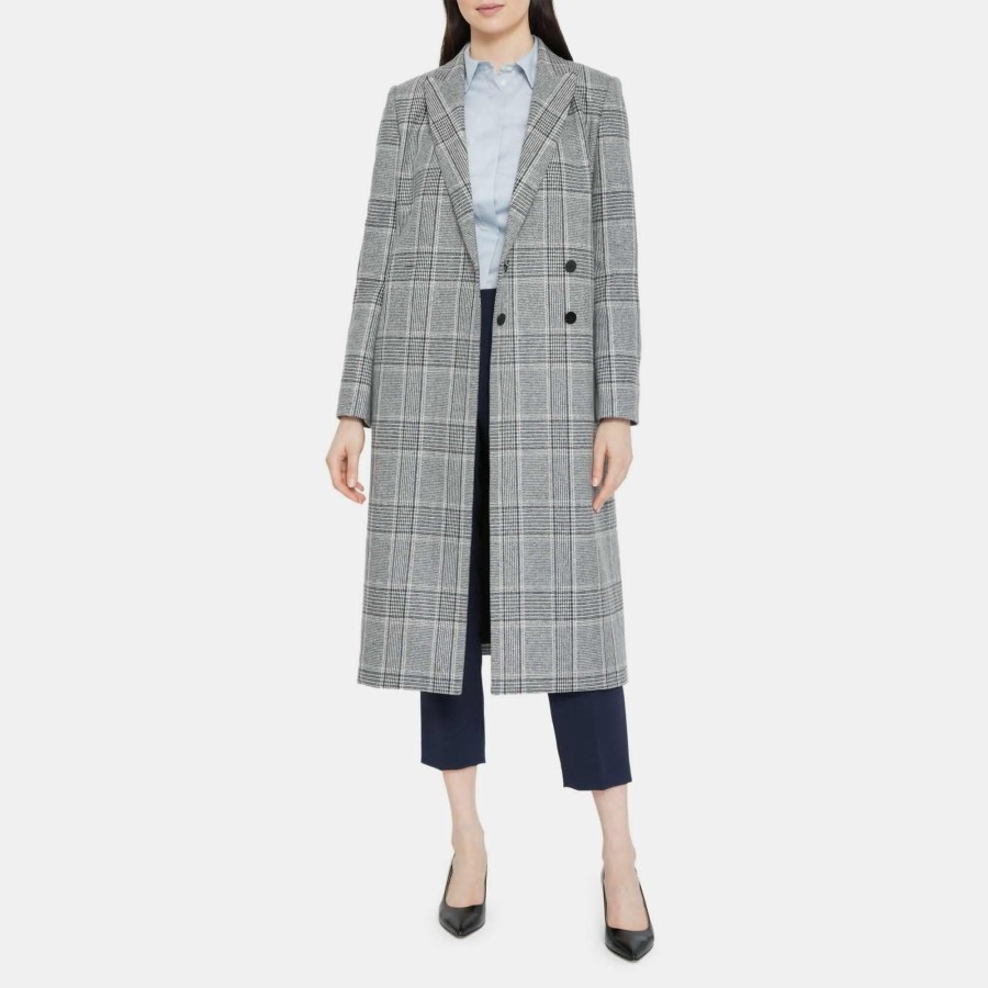 Women Theory Outlet | City Coat In Plaid Wool Heather Grey Multi