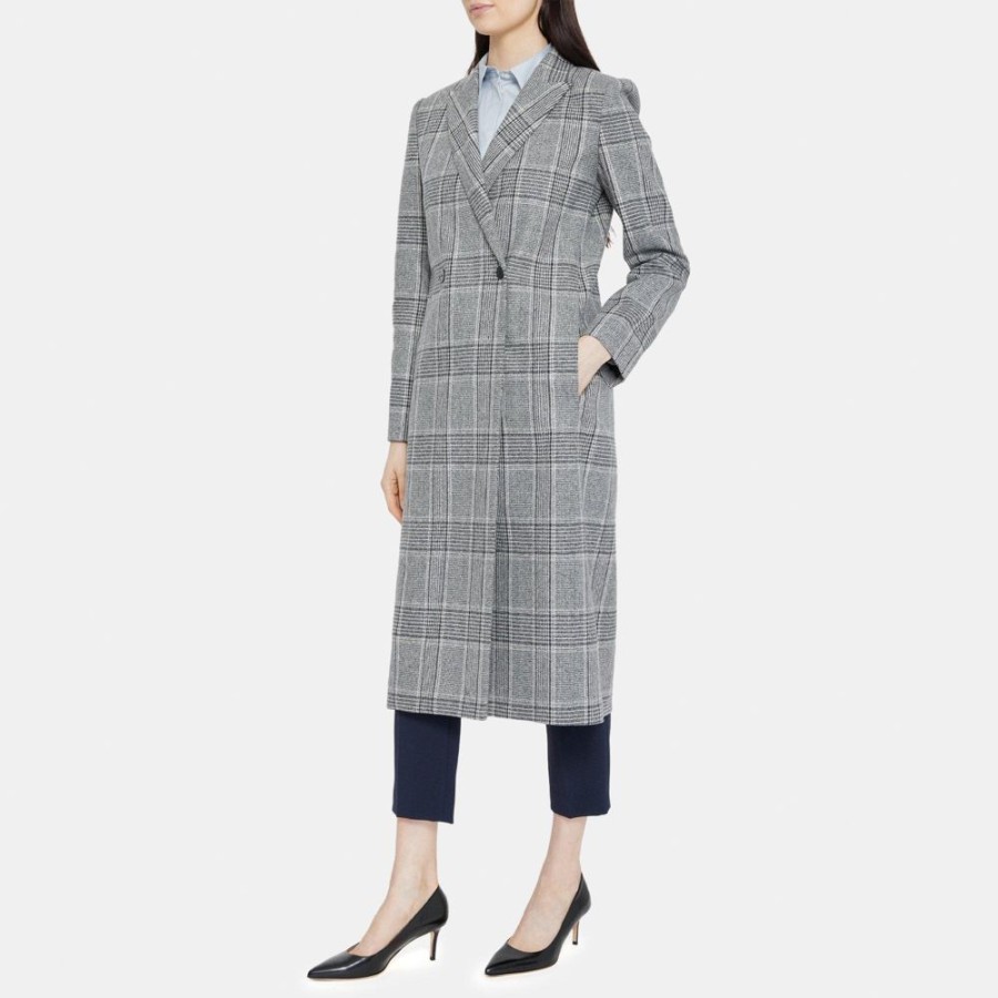 Women Theory Outlet | City Coat In Plaid Wool Heather Grey Multi